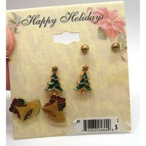 Christmas Holiday Stud Earrings Set Gold Tone Enamel Tree Bell Ball 3‎ Pairs New